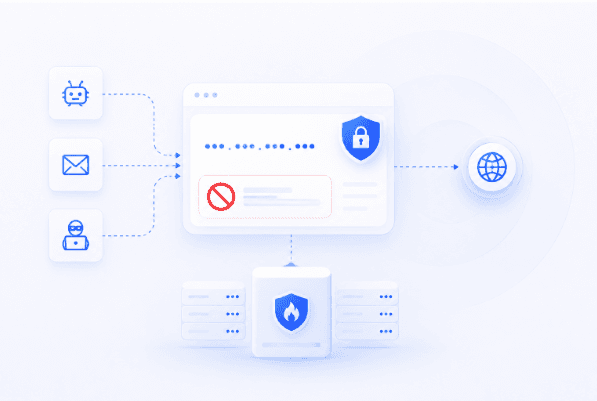 Flat-style illustration showing how IP blocking works, with malicious traffic sources filtered through a firewall before reaching a protected website