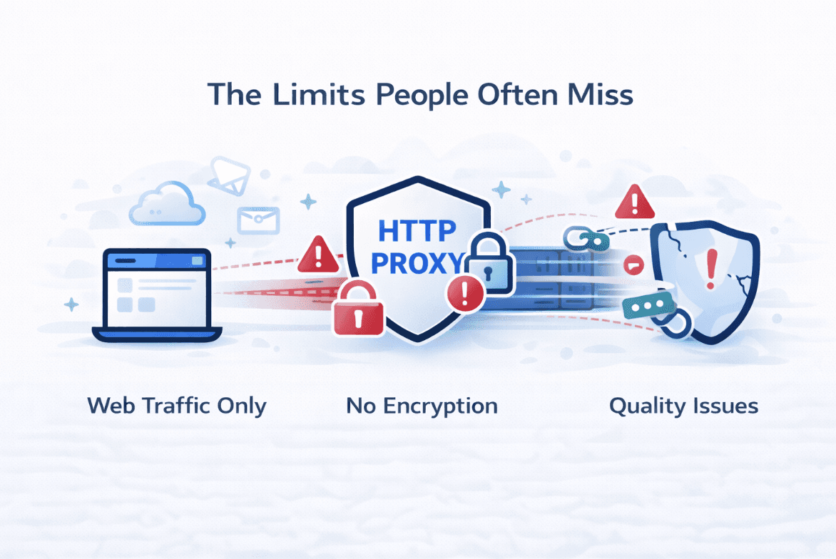 Flat-style illustration showing the limitations of HTTP proxies, including web-only traffic handling, lack of encryption, and quality or reliability issues